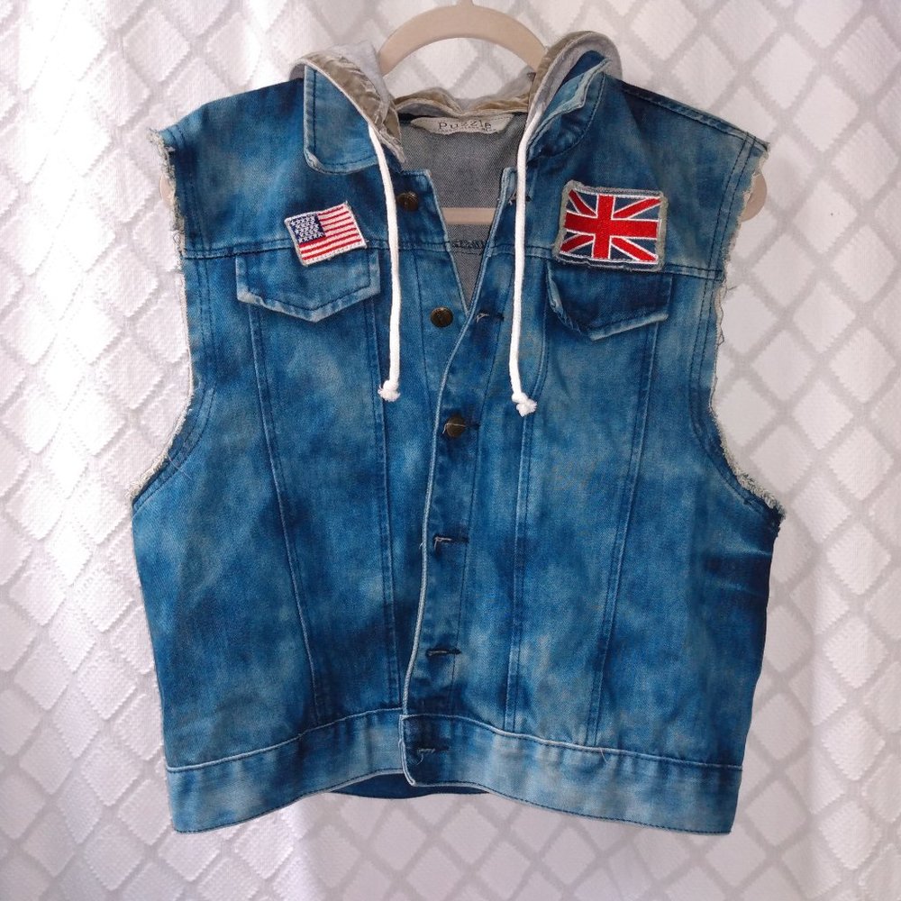 Denim Sleeveless Hooded Vest with Flag Patches - Blue